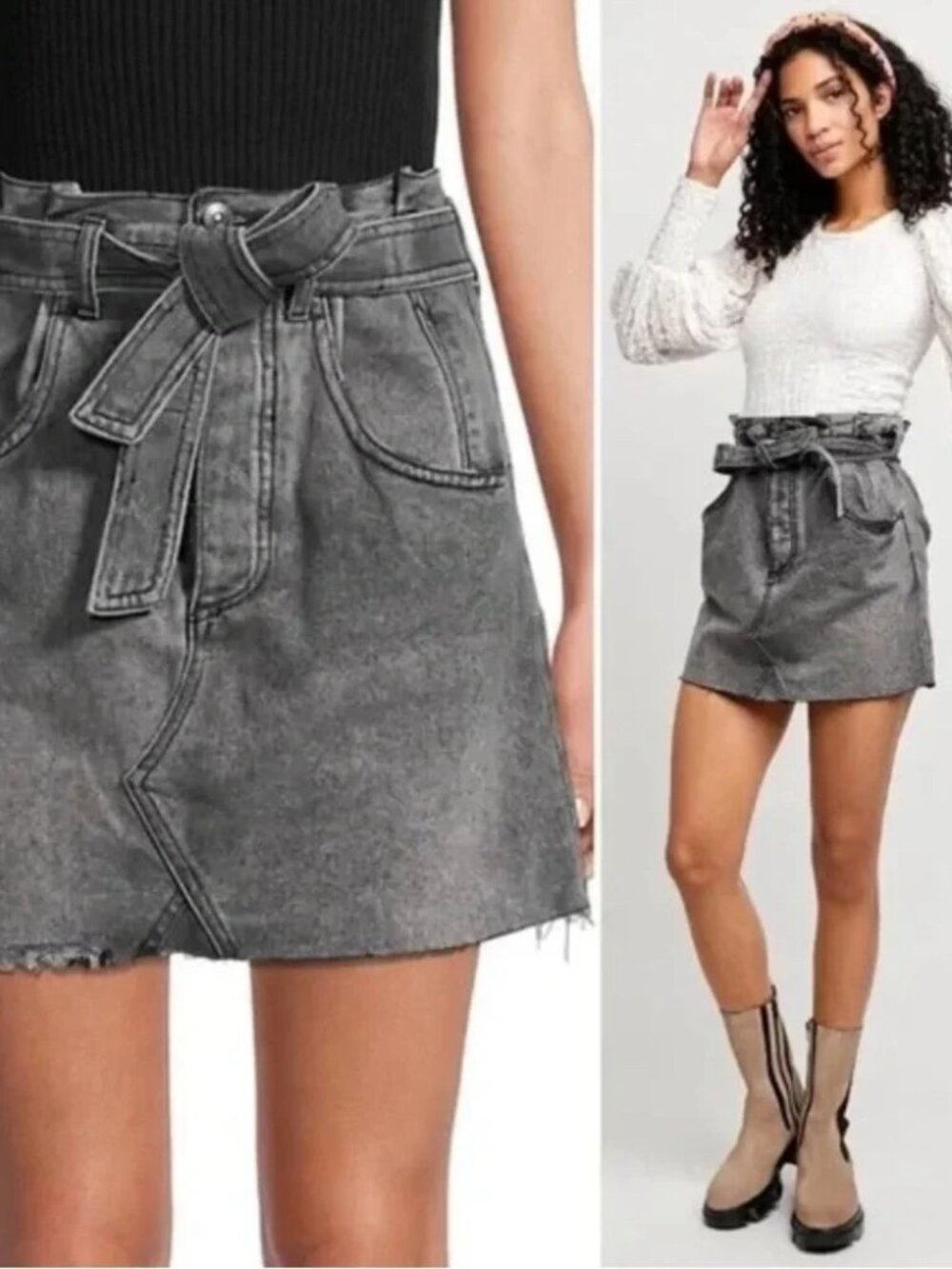 We The Free East Of Eden Jean Skirt Mini Denim Belted Paperbag Waist Gray 29